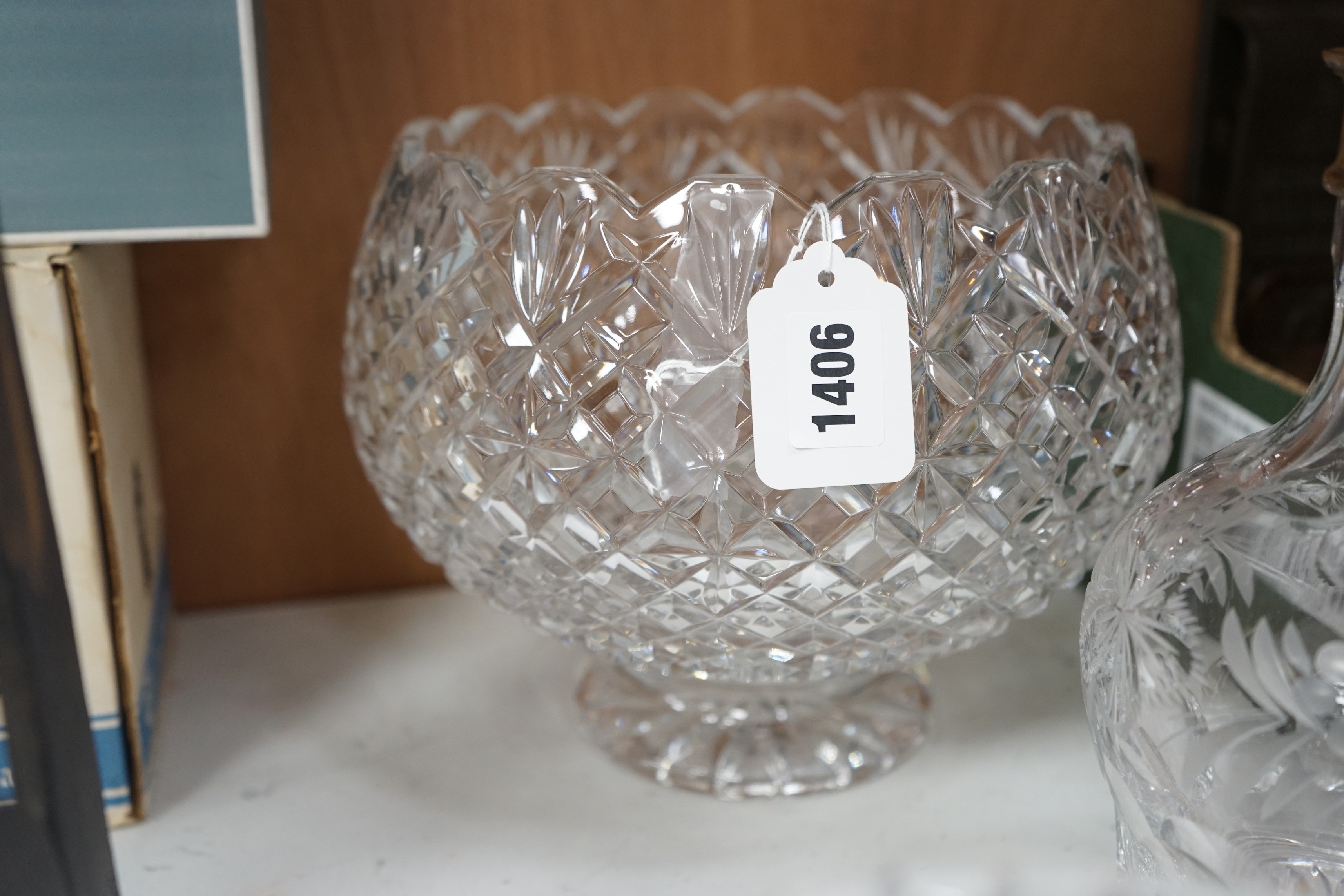 A large Waterford bowl, a biscuit barrel, a decanter with silver neck mount, boxed (Walter Davies) and a Galle style vase, decanter 29cms high